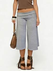 Women Yoga Capri Pants Wide Leg Cropped Pants With Fold Over Waistband For Fitness Workout Light Grey Lounge Pants For Women Elastic Waist 3/4 Length Pants Casual Culottes Trousers For Daily Wear - 淺灰色 - 查看 5