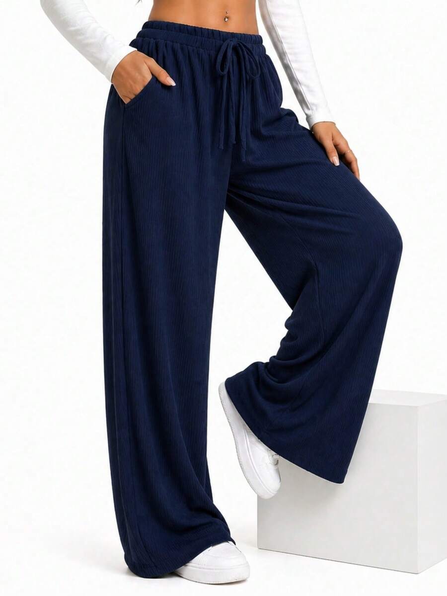 Women's Ribbed Wide-Leg Pants, High Waist, With Drawstring, Comfortable And Casual, Sizes P To G2 Plus Size - Navy Blue - View 1