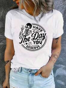 blusas para mujerCHICLY19 Camiseta de algodón con estampado de símbolo de la paz y esqueleto, camiseta casual de manga corta con cuello redondo para mujer, estampado con la frase positiva "Have The Day You Deserve", estética holgada en gris oscuro jaspeado, camiseta de algodón divertida, gótica e inspiradora, estilo streetwear. Adecuada para primavera, verano y otoño. - Blanco - Ver 6