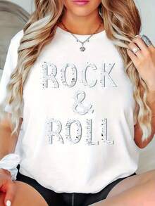 Y2K Style - Women's Crew Neck T-Shirt With Cartoon Graphic Print And "ROCK ROLL" Lettering, Casual Short Sleeve Sporty Style, Sizes S-XXL, Various Colors Available - White - View 1