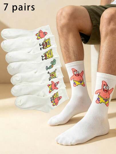 SpongeBob SquarePants 7 đôi tất dài đến bắp chân, họa tiết hoạt hình, thời trang, đa năng, thích hợp cho mùa xuân/hè.