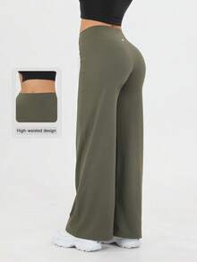 Women's Spring And Summer High Waisted Sports And Leisure Yoga Outdoor Wide Leg Pants, High Waisted Design, Loose Hanging, Daily Slimming, Versatile Solid Color, Suitable For Outdoor Sports, Fitness Yoga, Commuting, And Street Wear - 橄欖綠 - 查看 1