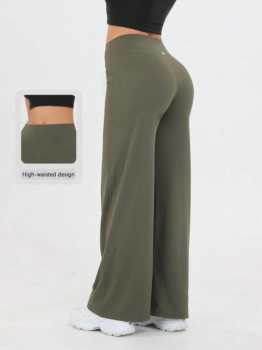 Women's Spring And Summer High Waisted Sports And Leisure Yoga Outdoor Wide Leg Pants, High Waisted Design, Loose Hanging, Daily Slimming, Versatile Solid Color, Suitable For Outdoor Sports, Fitness Yoga, Commuting, And Street Wear - 橄欖綠 - 查看 1