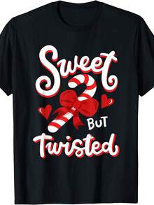Women's Plus Size 0XL-5XL Heavyweight 180gsm Christmas Candy Cane & Pink Cursive Letters T-Shirt - Sweet But Twisted Holiday Candy Wrap Design T-Shirt, Christmas Party Outfit, Winter Casual Wear (Black) - Fun Short Sleeve Top - 黑色 - 查看 1