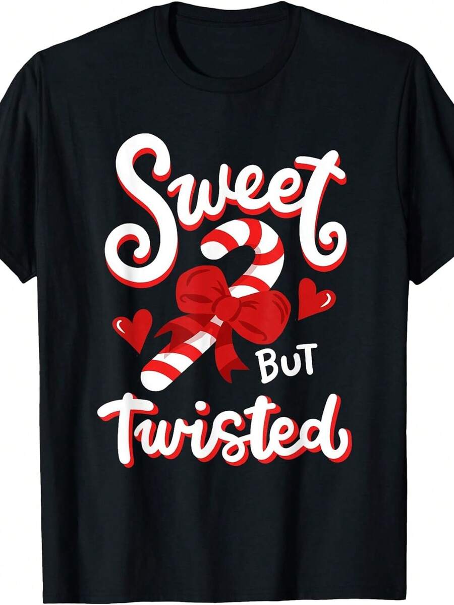 Women's Plus Size 0XL-5XL Heavyweight 180gsm Christmas Candy Cane & Pink Cursive Letters T-Shirt - Sweet But Twisted Holiday Candy Wrap Design T-Shirt, Christmas Party Outfit, Winter Casual Wear (Black) - Fun Short Sleeve Top - 黑色 - 查看 1
