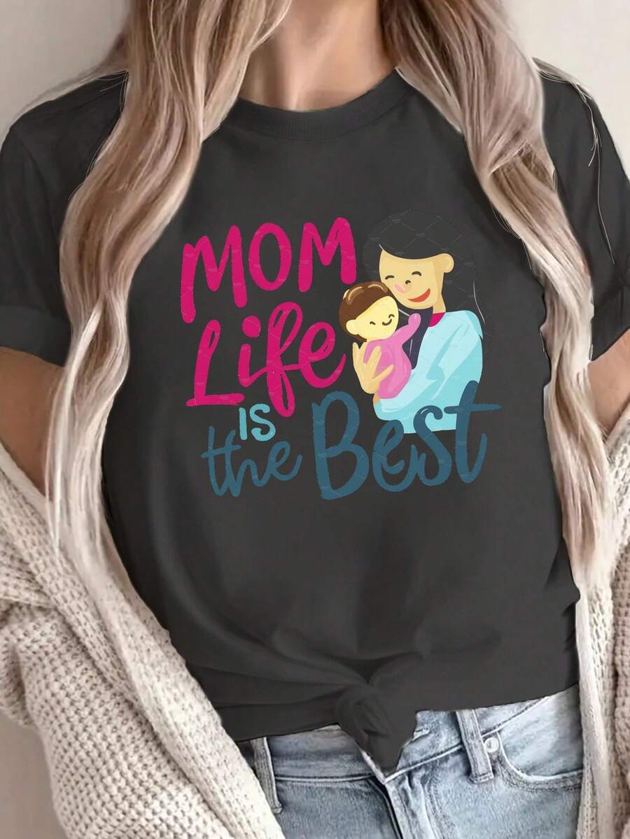 Mom Life Print Crew Neck T-shirt, Casual Short Sleeve Top For Spring & Summer, Women's Clothing