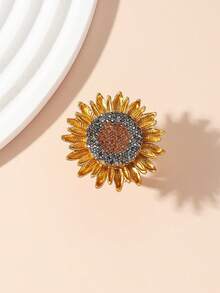 1 pieza Anillo abierto de lujo con cristales de moda en forma de girasol 3D - Amarillo Oro - Ver 5