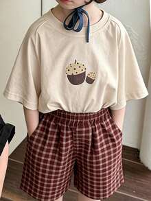 Top de manga corta sencillo, informal y bonito con estampado para niños, ideal para el verano. - Albaricoque - Ver 6