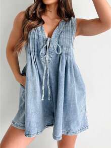 Women's Demin Tank Top Jumpsuit Loose Pleated Tie Front V Neck Sleeveless Shorts Romper With Pockets For Summer - 天藍色 - 查看 1