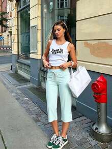 Women's Drawstring High Waist Capri Sweatpants, Loose Wide Leg Soft Knit Cropped Trousers Casual Daily Lounge Streetwear Summer Bottoms - 薄荷藍 - 查看 4