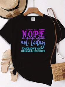 Nope Not Today Tomorrows Not Looking Print Short SleeyeI- Shirt- Casual Summer Top With Medium Stretch, Round Neck, Machine Washable, Unicorn T Shirt, Everyday Comfort, Playful Design Nontransparent Fabric - 黑色 - 查看 1