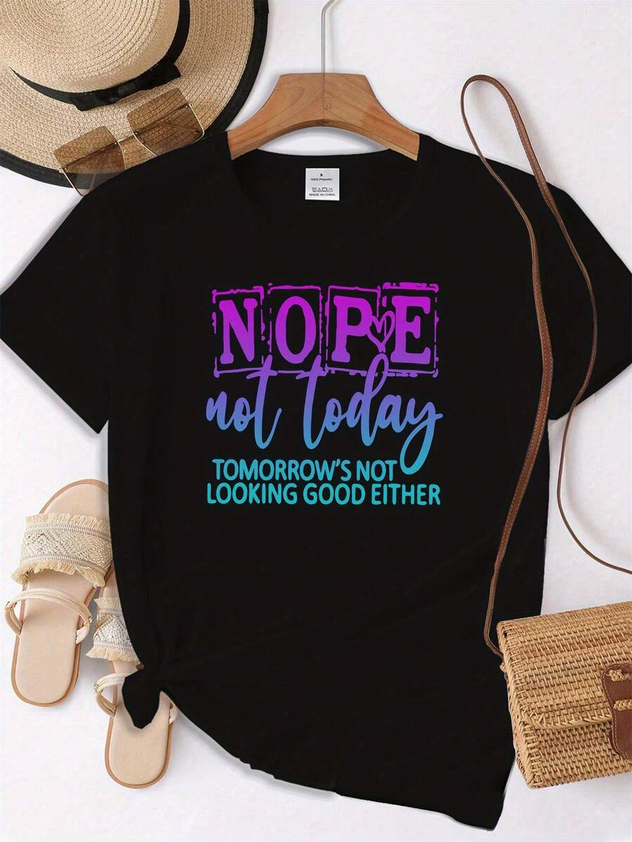 Nope Not Today Tomorrows Not Looking Print Short SleeyeI- Shirt- Casual Summer Top With Medium Stretch, Round Neck, Machine Washable, Unicorn T Shirt, Everyday Comfort, Playful Design Nontransparent Fabric - 黑色 - 查看 1