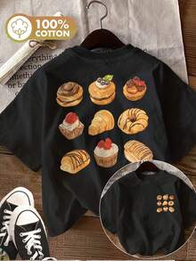 [Double-Sided Printing] Spring And Summer Women's Pure Cotton T-Shirt, Hand-Drawn Style, Dessert And Fruit Printing, Round Neck, Short Sleeves, Pure Cotton Women's T-Shirt[Quiet K]-T Shirt Damen - Black - View 1