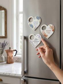 1pc Custom Text Heart-Shaped Fridge Magnet Bottle Opener, Custom Couple Name & Date, 5 Styles Available,Personalized Wedding Favor With Floral Design, Anniversary/Engagement Gift, Kitchen Decor Magnet - Multicolor - View 6
