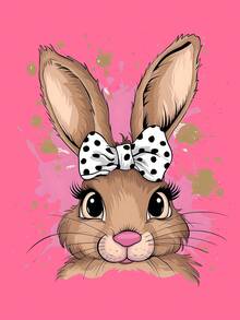 1pc Girls' Cartoon Rabbit Bow Print Round Neck Short Sleeve T-Shirt, Cute Cartoon Theme Loose Summer Style, Soft And Comfortable Top - Hot Pink - View 2