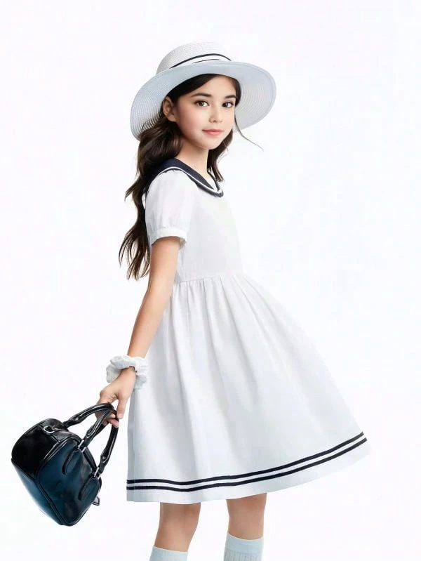 [Vestido azul marino de algodón puro con cuello] Falda de corte A de verano para niñas con lazo, estilo escolar vibrante, vestido holgado y cómodo para la piel, vestido de estudiante, vestido de solapa para niña - Blanquecino - Ver 1