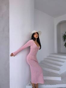 Women's Solid Color Fitted Knit Dress, Summer - Pink - View 5