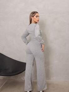 Women's Set: Wide Leg Pants And Long Sleeve Ribbed Knit Top - Premium Winter Casual Chic - 灰色 - 查看 2
