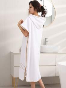 1pc Women's Soft Absorbent Hooded Sleeveless Solid Color Minimalist Oversized Bath Robe, Wearable Poncho For Bathing, Surfing, Beach, Outdoor Activities - White - View 6