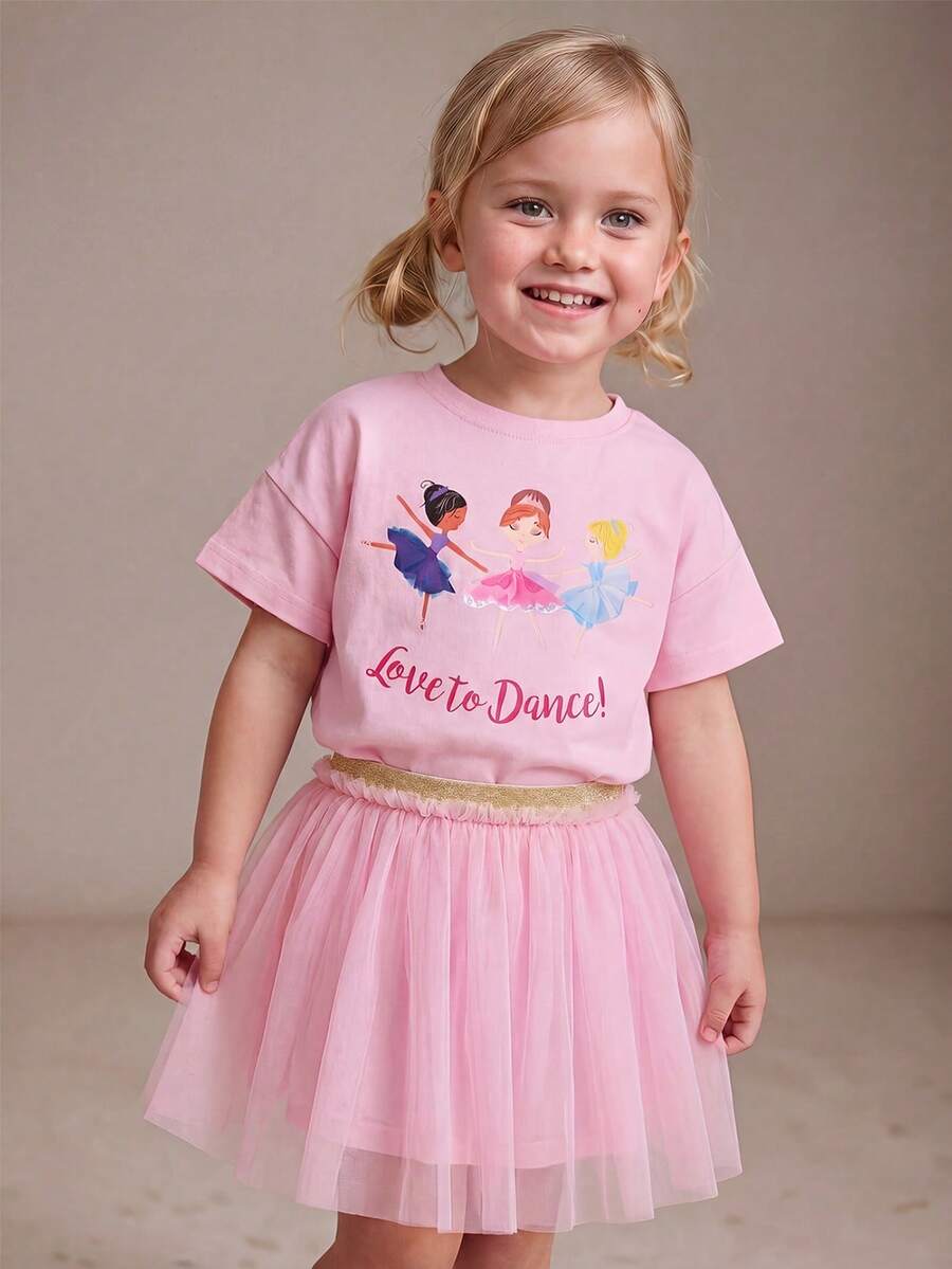 Bộ 2 món gồm váy ngắn tay cổ tròn bằng vải voan và áo thun dệt kim họa tiết ballet cho bé gái, thích hợp cho tiệc tùng và làm quà tặng. - Hồng - Xem 1