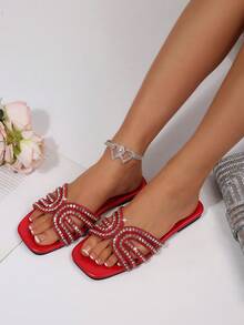 Casual Fashion Woven Square Toe Slip-On Sandals, Summer New Knot Glass Rhinestone Decor Ladies High Heel Party Slippers - Red - View 5