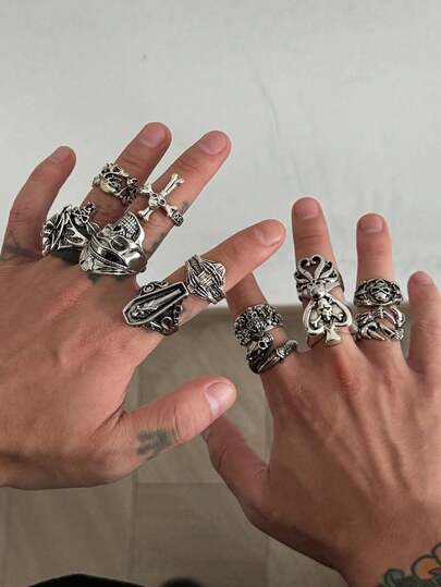 13pcs Gothic Punk Style Ring Set, Vintage Silver Skull, Coffin & Cross Stackable Rings, Retro Hip Hop Jewelry (Unisex), Halloween Accessories