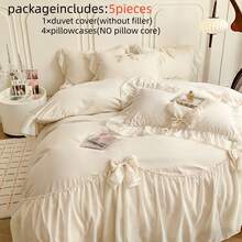 Juego de ropa de cama con volantes de gasa de 5 piezas (1 funda nórdica + 4 fundas de almohada, sin relleno), estilo princesa con lazo 3D rosa y blanco, tamaño queen, suave y cómodo, adecuado para todas las estaciones, con lazos en las esquinas, ideal para dormitorio, hotel - blanco - Ver 8