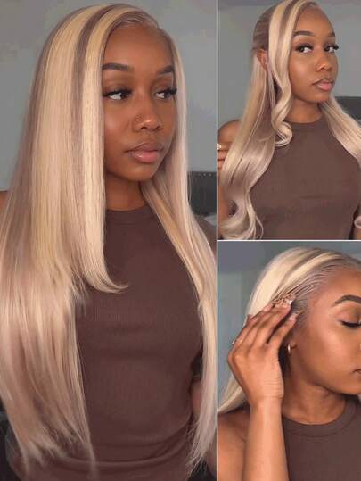 ARABELLA Glueless 13x6 Lace Max Front Wig Blonde Highlight Silky Straight With Drawstring 100% Human Hair Wig 180% Density 18-24 Inch Virgin Human Hair Pre Cut Ear-To-Ear Lace Front Wig Pre Plucked Natural Hairline Pre-Bleached Knots Side Part Breathable & Comfortable Cap Fit All Heads Beginner Friendly For Women