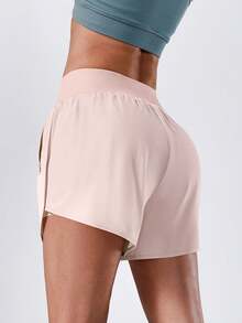 NcmRyu 1pc Women Solid Color Side Zipper Pocket Lined Sports Shorts - Pink - View 3