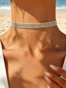 1 pieza Accesorio de diseño de nicho para mujer, collar con piedras blancas y de colores incrustadas con diamante de imitación, estilo europeo y americano de vacaciones - Blanco - Ver 5