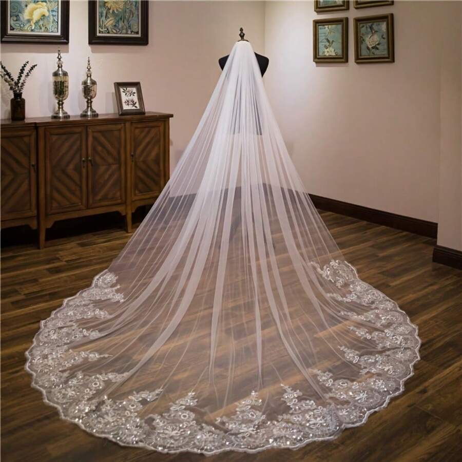 2026 Hot White Ivory Sequins Lace Edge Veils One Layer Cathedral Length Wedding Bridal Veil With Comb Long Woman Illusion Tulle - 白色 - 查看 1