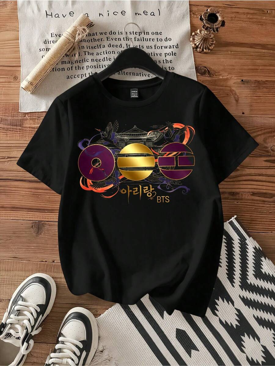 BT.S Arirang Comeback T-Shirt.Vintage Graphic Print Casual Black Cotton Short Sleeve T-Shirt - màu đen - Xem 1