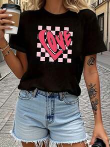 Women's Valentine's Day LOVE Print T-Shirt - Casual Round Neck Short Sleeve Blouse-Compatible Top Suitable For Dates, Gifts, Casual Attire, Machine Washable Holiday Outfits With Love Lettering - 黑色 - 查看 1