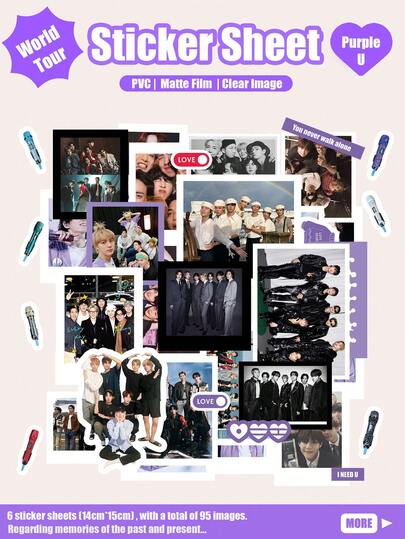 95枚/6ページ K-POP B/TS 写真ステッカー、新旧の写真、スタイルデザイン、カジュアルな日常の雰囲気、ARMY OT7、ARIRANG、ハイエンドのブラック&パープルトーン、JIN/JIMIN/RM/V/JK ミュージックアイドルグラフィティステッカー スーツケース、ノートパソコン、自転車、オートバイ、文房具、スクーター、家具、冷蔵庫、携帯電話、タンブラー、ヘルメット、車に最適、友人、家族、ファンへの素晴らしいギフト