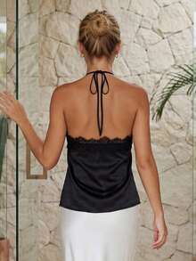 Camisetas sin mangas para mujer con cuello halter, ribete de encaje, chaleco de satén de verano para vacaciones diarias en la playa. - Negro - Ver 6