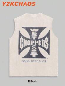 Y2KCHAOS 210g Washed Pure Cotton Vest Men's Vest Streetwear Style American Casual Wear West Coast Choppers Graphic Print Motorcycle Culture Inspired Design For Men And Young Adults-Vintage Street Style Unisex Loose Cotton Short Sleeve Crew Neck T-Shirt - 米色 - 查看 4
