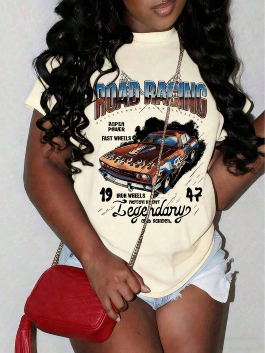 Women's Short Sleeve T-Shirt With Round Neck And Letter And Racing Car Print, 100% Comfortable Cotton, Women's Summer Clothes, Women's Holiday Clothes, Summer Clothes, Women's Spring Clothes, Summer Tops, Festival Clothes, Women's Easter Clothes. - 酒紅色 - 查看 1