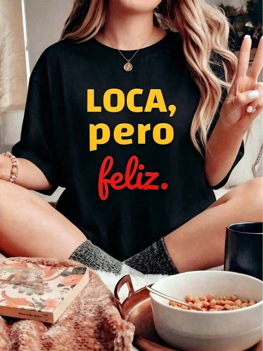 Playera de mujer 100% algodón manga corta con gráfico con frase positiva, estilo relajado urbano, cuello redondo, transpirable para verano, modelo versátil - Negro - Ver 1