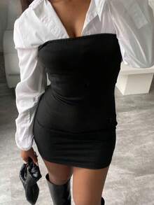 Vestido feminino elegante de manga comprida com blocos de cores, busto plissado e saia lápis ajustada, ideal para convidadas de casamento no verão, encontros românticos e festas noturnas. - Preto - Ver 4
