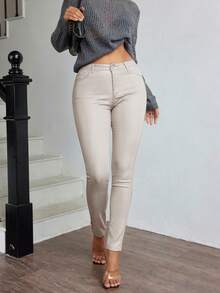 Apperloth A High Waist Stretch Pocket Skinny Pants - Apricot - View 7