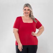 Kit 2 Blusinha Plus Size Feminina Básica Confortável Manga Curta Gola Quadrada - Preto-Vermelho - Visão 2