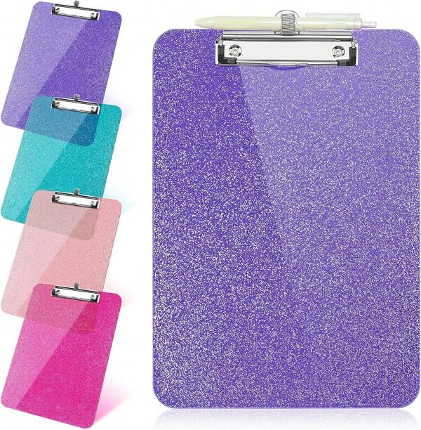 SFLHHDM 1 Pcs Clear Glitter Clipboards, Plastic Clipboard With Pen Holder,Size 8.85 X 12.4 In Shiny Clipboards With Low Profile Clip,Cute Hanging Clipboard For Office School Sparkly Clip Board-Purple