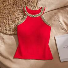 Chaleco tejido sin mangas para mujer, camisa ajustada con cuello Halter y cuentas, camisola Sexy de Seda brillante para verano 2026 - Verde - Ver 2