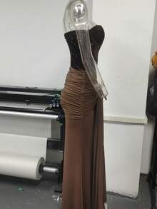 New Strapless Long Party Dress With Combination Neckline - Brown - View 4