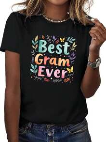 Best Gram Ever Wo T-Shirt - Vibrant Watercolor Floral And Suitable For Short Sleeve Styles, Casual Crew Neck Top, Comfortable Fit, Machine Washable Blouse Tee For Casual Wear, Layering And For - Outfits - 黑色 - 查看 1