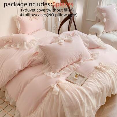 Juego de ropa de cama con volantes de gasa de 5 piezas (1 funda nórdica + 4 fundas de almohada, sin relleno), estilo princesa con lazo 3D rosa y blanco, tamaño queen, suave y cómodo, adecuado para todas las estaciones, con lazos en las esquinas, ideal para dormitorio, hotel