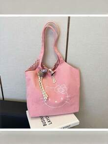 SANRIO 1pc Large Pink Velvet Hello Kitty Handbag, Cute & Charming Shoulder Bag, Multifunctional Daily Tote, Fashion Handbag, Suitable As Gift For Birthday, Valentine's Day, Parties, Graduation Season - Multicolor - View 8