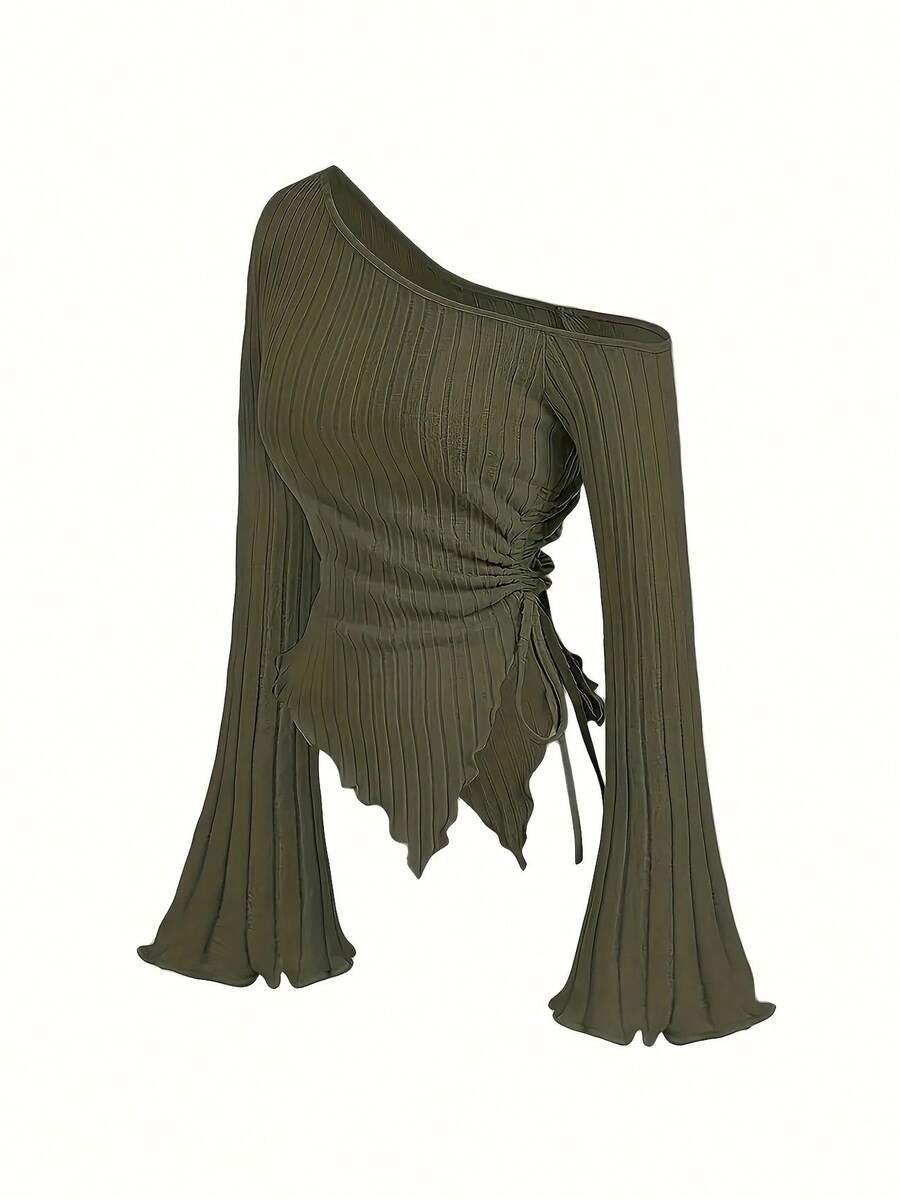 Nueva camiseta elegante asimétrica de estilo callejero informal ajustada de manga larga cruzada con hombros descubiertos para mujer top de manga trompeta - Verde militar - Ver 1
