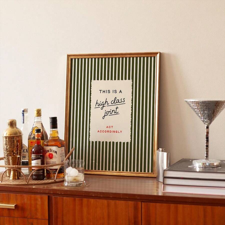 1pc "This Is A High Class Joint Act Accordingly" Quote Canvas Wall Art, Retro Green Striped Print, Funny Sassy Aesthetic Home Decor, Humorous Wall Poster For Bar Kitchen Living Room, Frameless Artwork Gift Idea - 111 - View 1