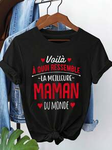 LA MEILLEURE MAMAN T-shirt con impresión de letra, manga corta cuello de tripulación Top casual para verano y primavera, ropa de mujer - Negro - Ver 2